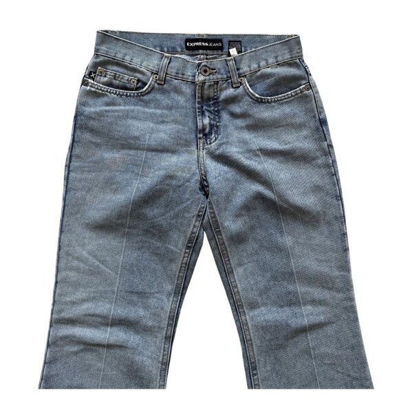 Express Jeans Hipster Flare Womens Denim Pants Size 5/6S (short) Front Seam Blue - Picture 2 of 6